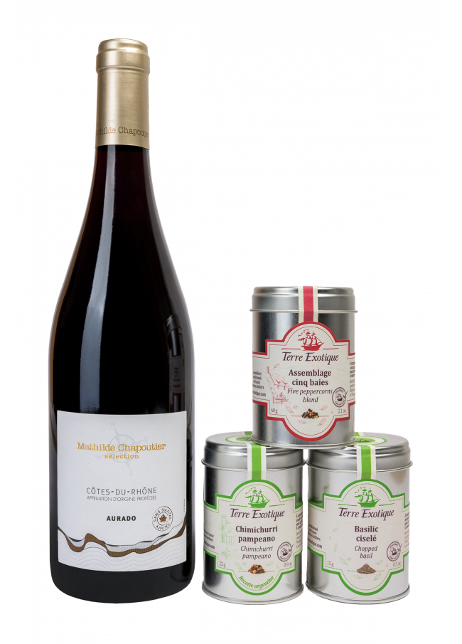Aurado - Côtes-du-Rhône, sans sulfites ajoutés Assemblage cinq baies, Chimichurri Pampeano, Basilic