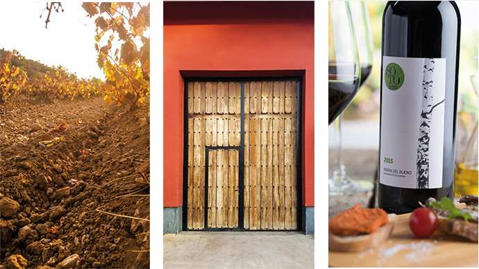 Le sol de Dominio del Soto, presque ocre, ainsi que la porte d'entrée du domaine d'un bois massif, puis le vin rouge Ribera del duero accompagné de quelques tapas.